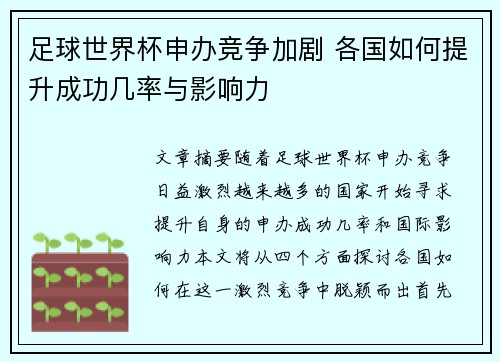 足球世界杯申办竞争加剧 各国如何提升成功几率与影响力